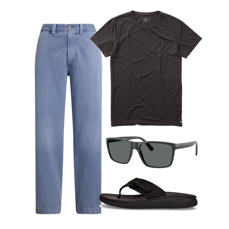 Outfit uomo - Agosto. Stile Casual per Tutti i giorni. Abbinamento con t-shirt, pantaloni, occhiali da sole, sandali.