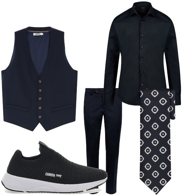 Outfit uomo - Eleganza in nero. Stile Business/Elegante per Serata speciale. Abbinamento con gilet, pantaloni chino, sneakers, camicie, cravatte.