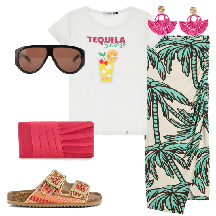 Outfit donna - Un nome una garanzia. Stile Casual per Mare. Abbinamento con orecchini, gonne, t-shirt, occhiali da sole, pochette, sandali.