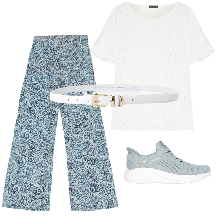 Outfit donna - Semplice ma d\'effetto. Stile Casual chic per Tutti i giorni. Abbinamento con jeans a zampa, cinture, bluse, sneakers.