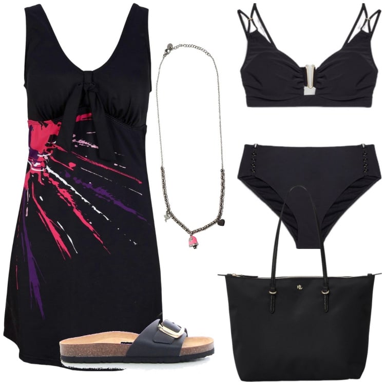 Outfit donna - In spiaggia. Stile Minimal per Mare. Abbinamento con vestiti da spiaggia, ciondoli, borse tote, bikini, ciabatte.