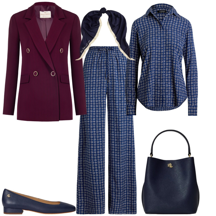 Outfit donna - Settembre. Stile Trendy per Tutti i giorni. Abbinamento con blazer, ballerine, pantaloni, borse a secchiello, camicie, foulard.
