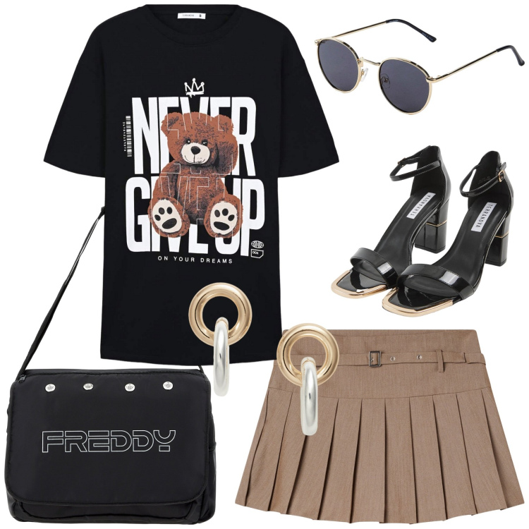 Outfit donna - La t-shirt con la stampa. Stile Preppy per Scuola/Università. Abbinamento con occhiali da sole, t-shirt, minigonne, sabot, borse messenger, orecchini.
