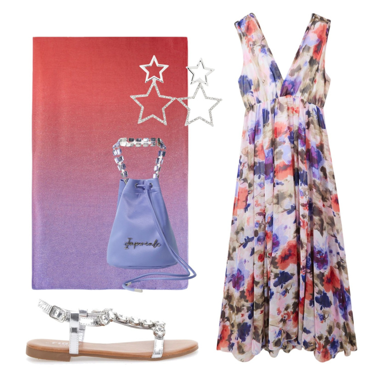 Outfit donna - I colori del Tramonto!. Stile Romantica per Serata fuori. Abbinamento con vestiti lunghi, orecchini, borse a secchiello, sandali gioiello, stole.