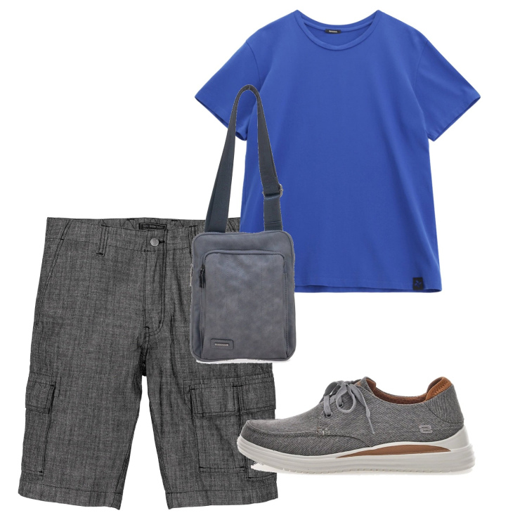 Outfit uomo - Agosto. Stile Casual per Tutti i giorni. Abbinamento con bermuda, t-shirt, scarpe stringate, portafogli.