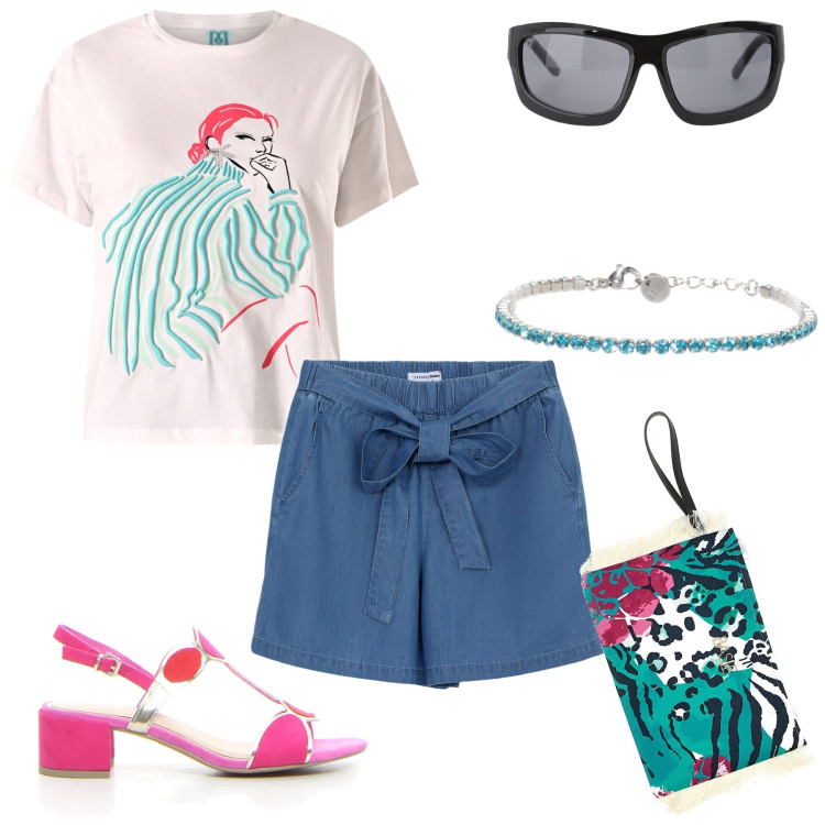 Outfit donna - La t-shirt con la stampa. Stile Casual chic per Tutti i giorni. Abbinamento con shorts, t-shirt, occhiali da sole, braccialetti, sandali col tacco, pochette.