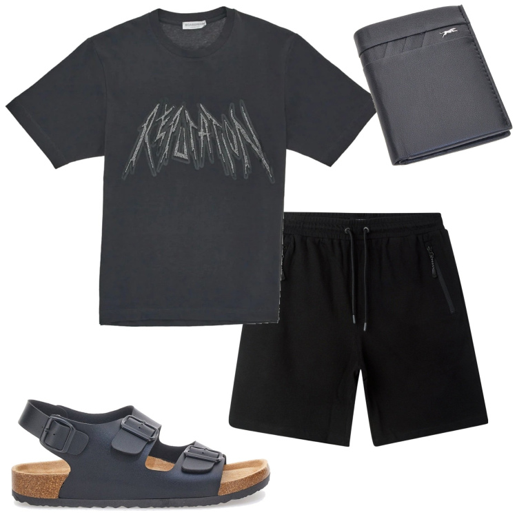 Outfit uomo - Tutti i giorni. Stile Casual per Tutti i giorni. Abbinamento con bermuda, t-shirt, portafogli, sandali.