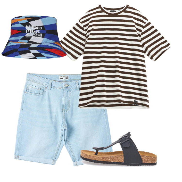 Outfit uomo - Agosto. Stile Casual per Tutti i giorni. Abbinamento con bermuda, cappelli, t-shirt, sandali.