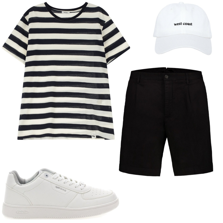 Outfit uomo - Maglia rigata. Stile Casual per Tutti i giorni. Abbinamento con cappelli, t-shirt, sneakers, bermuda.