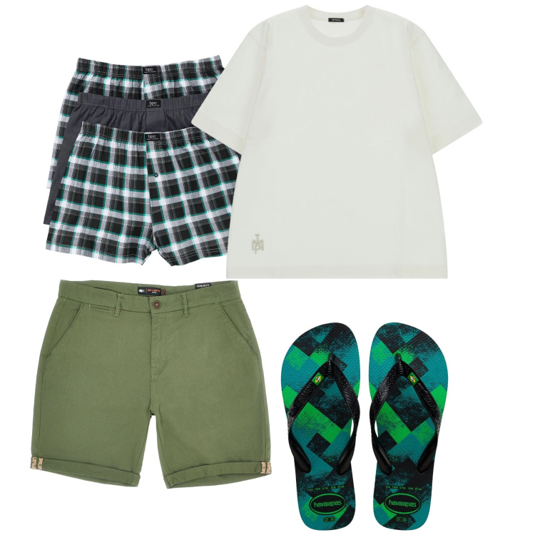 Outfit uomo - Agosto. Stile Casual per Tutti i giorni. Abbinamento con boxer, t-shirt, pantaloni cargo, sandali.