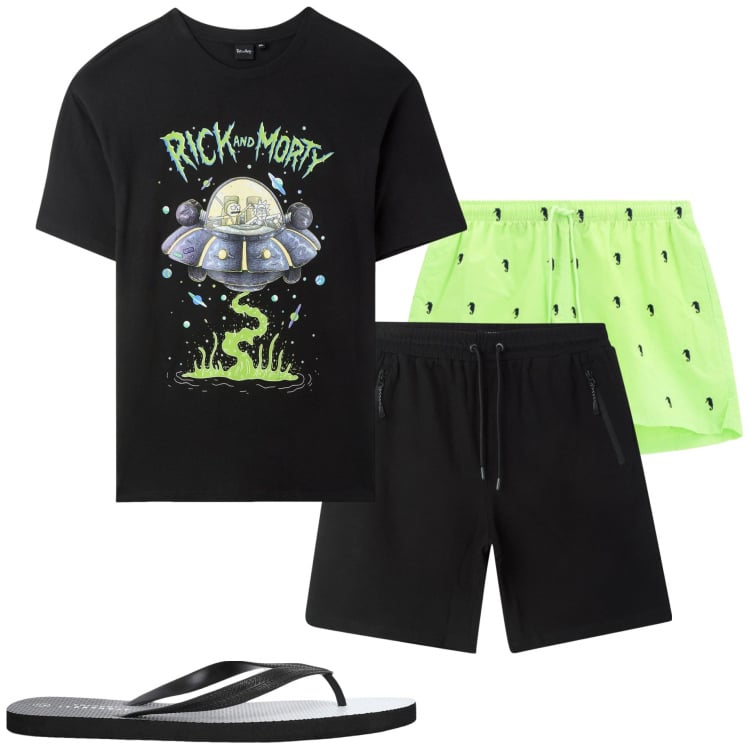 Outfit uomo - In piscina. Stile Casual per Mare. Abbinamento con sandali, t-shirt, bermuda, costumi.