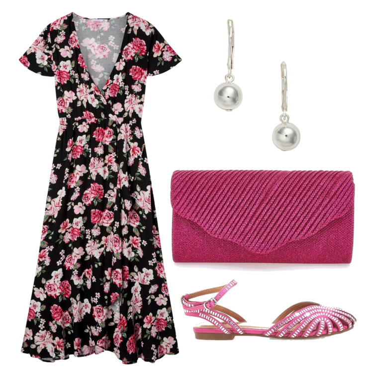 Outfit donna - Abito lungo!. Stile Romantica per Serata fuori. Abbinamento con vestiti lunghi, orecchini, borse a tracolla, sandali gioiello.