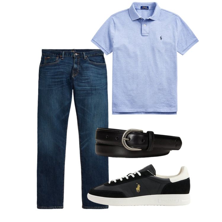Outfit uomo - Agosto. Stile Casual per Tutti i giorni. Abbinamento con polo, cinture, sneakers, jeans dritti.