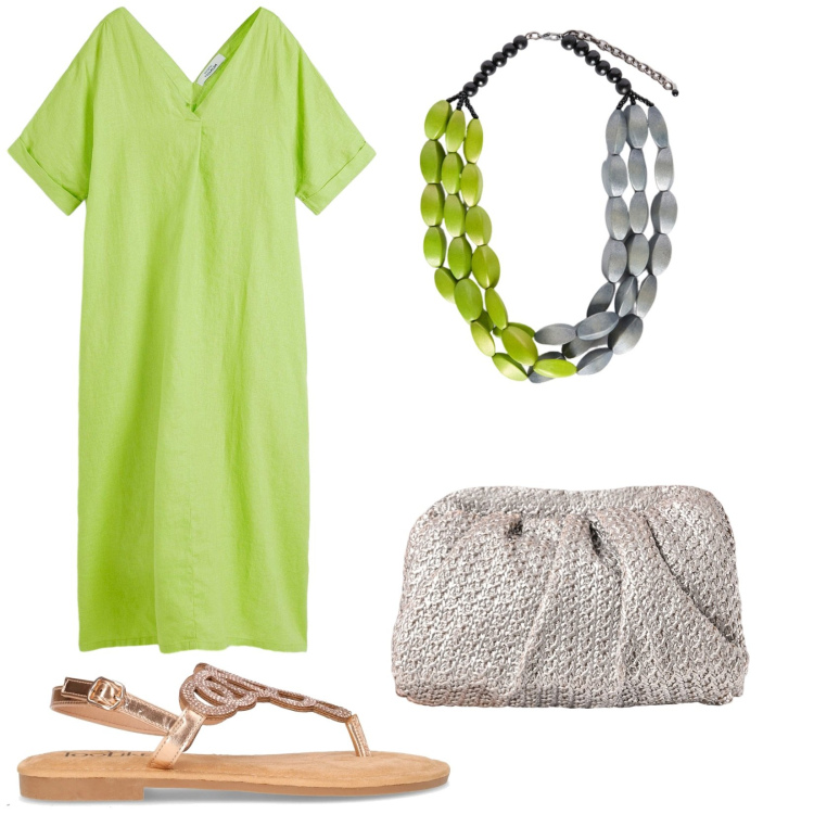 Outfit donna - Caftano ad agosto. Stile Basic per Mare. Abbinamento con caftani, clutch, collane, sandali in pelle.