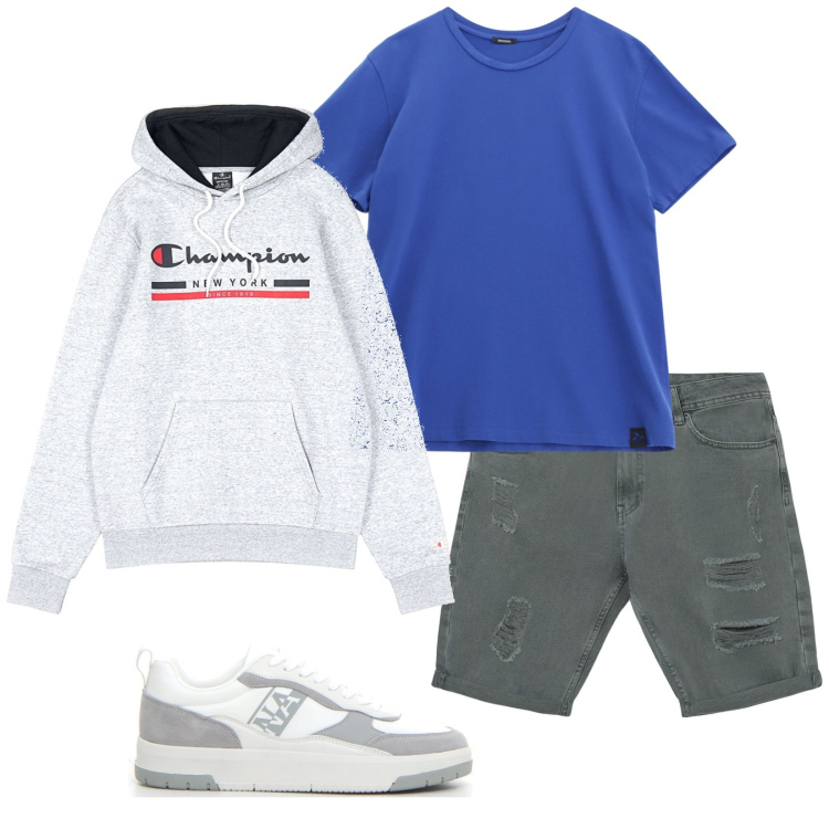 Outfit uomo - Total look #2225419. Stile Casual per Tutti i giorni. Abbinamento con bermuda, t-shirt, felpe con cappuccio, sneakers.
