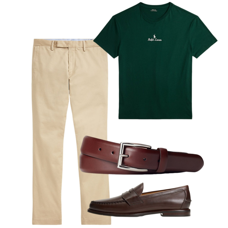 Outfit uomo - Agosto. Stile Casual per Tutti i giorni. Abbinamento con cinture, pantaloni chino, t-shirt, scarpe stringate.