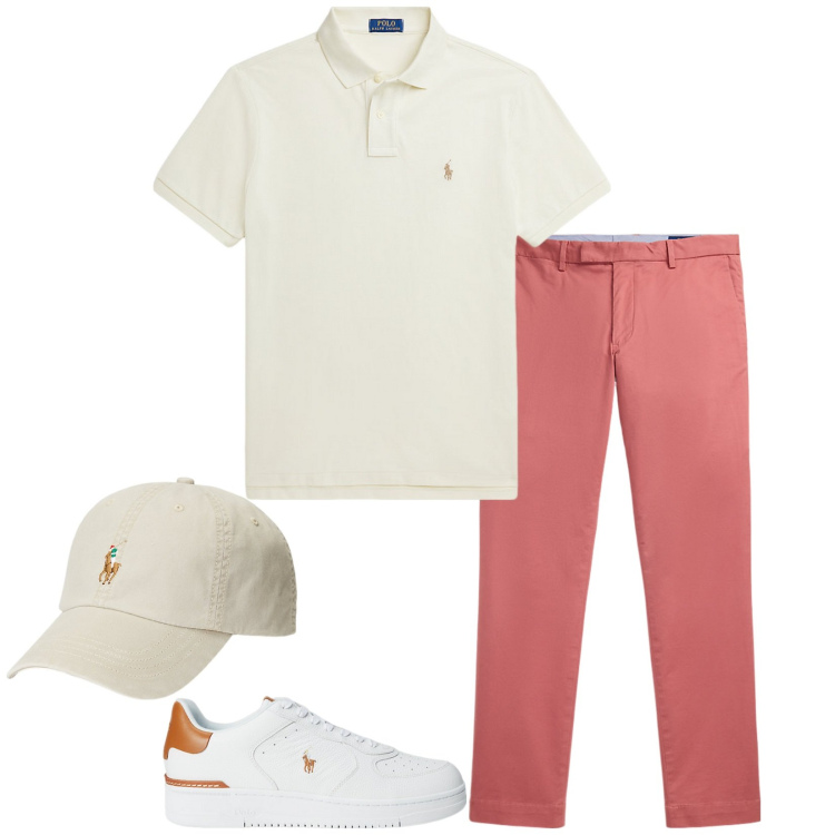Outfit uomo - My dad. Stile Casual per Tutti i giorni. Abbinamento con cappelli, sneakers, polo, pantaloni chino.