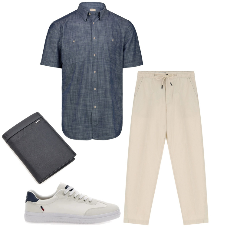 Outfit uomo - Gabriele. Stile Casual per Tutti i giorni. Abbinamento con pantaloni chino, portafogli, sneakers, camicie a manica corta.