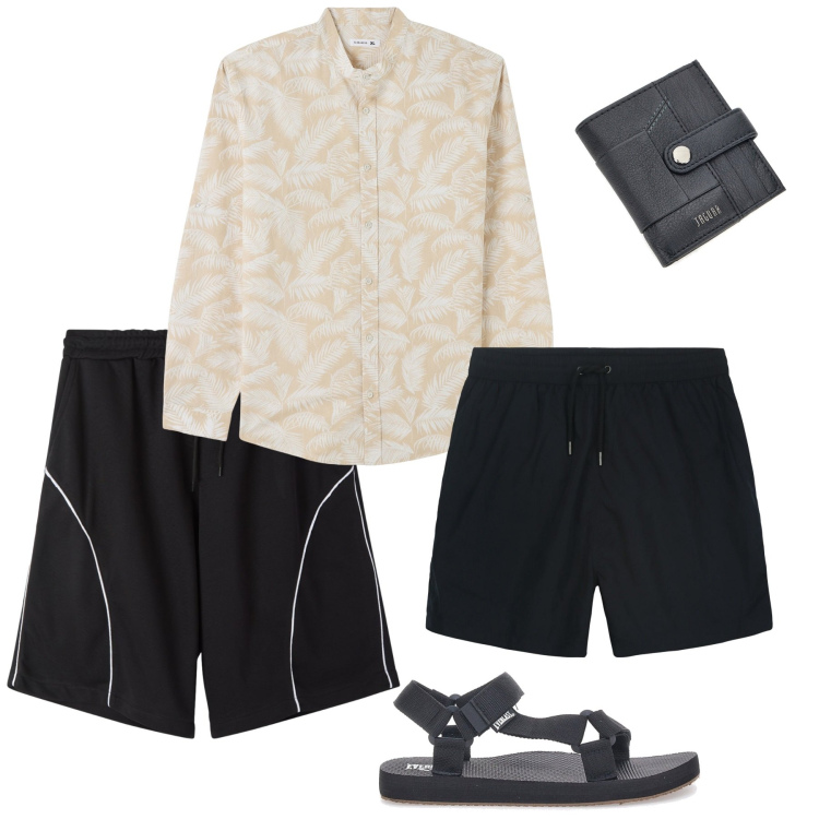 Outfit uomo - Costumi da bagno minimal chic. Stile Trendy per Mare. Abbinamento con camicie, bermuda, portafogli, sandali, costumi.