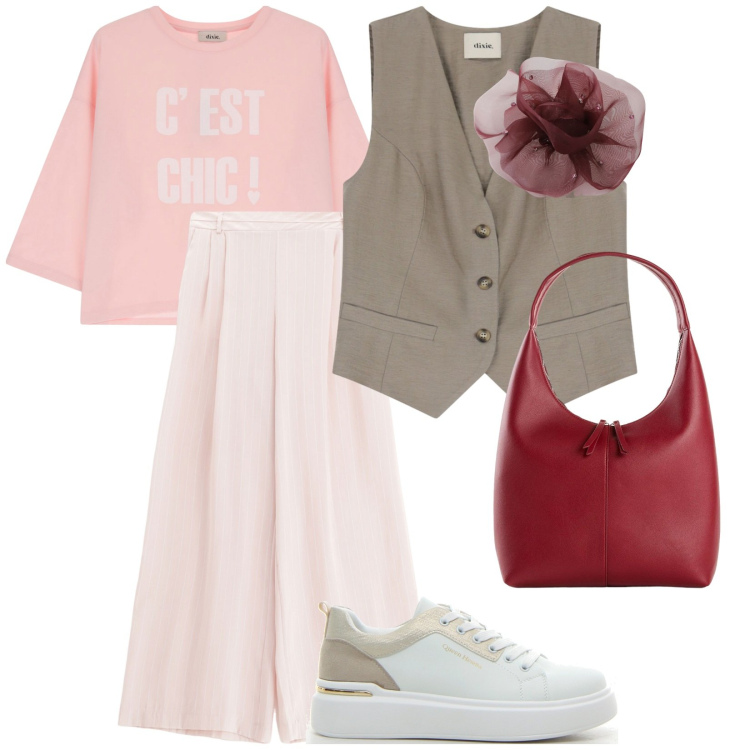 Outfit donna - Sotto il sole. per Tutti i giorni. Abbinamento con shopping bag, pantaloni a palazzo, gilet, t-shirt, foulard, sneakers.