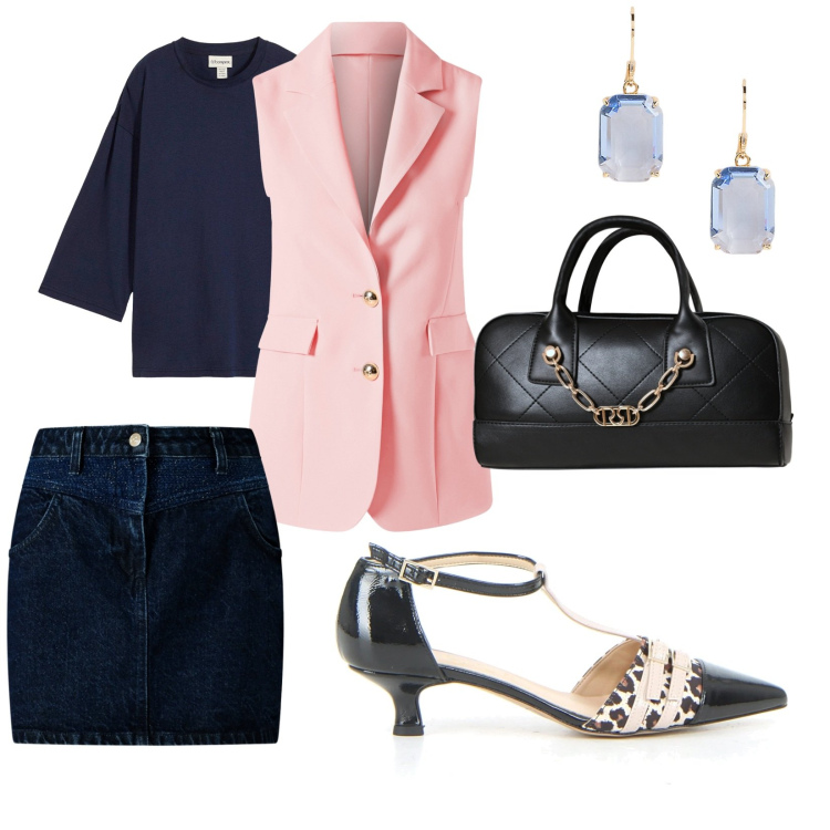 Outfit donna - Sotto il sole. per Serata fuori. Abbinamento con t-shirt, minigonne, borse a mano, gilet, orecchini, sandali col tacco.