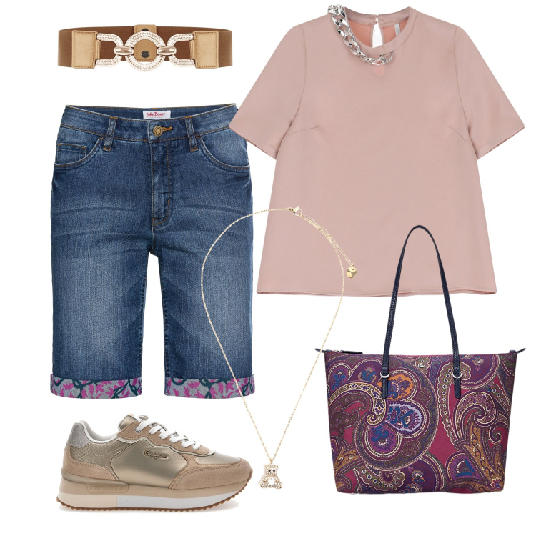 Outfit donna - In estate. Stile Casual per Tutti i giorni. Abbinamento con bermuda, cinture, t-shirt, ciondoli, borse tote, sneakers.