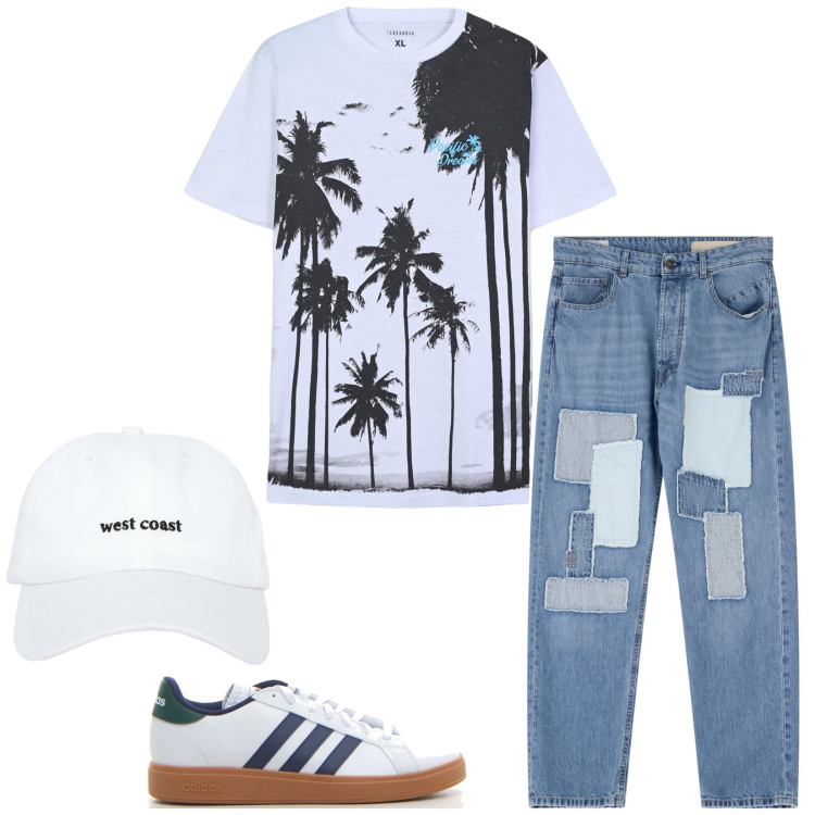 Outfit uomo - Teens. Stile Casual per Tutti i giorni. Abbinamento con cappelli, t-shirt, jeans dritti, sneakers.
