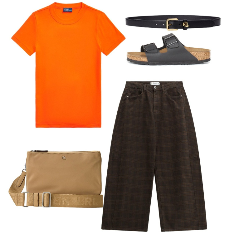 Outfit donna - In città. Stile Casual per Tutti i giorni. Abbinamento con pantaloni, borse a tracolla, cinture, t-shirt, ciabatte.
