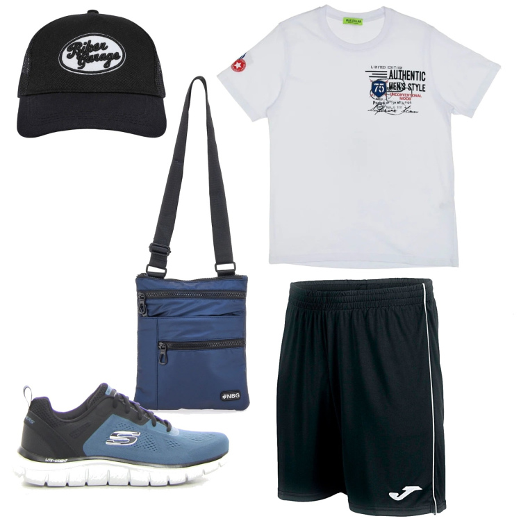 Outfit uomo - Borsa a tracolla in tessuto tecnico. Stile Casual per Tutti i giorni. Abbinamento con cappelli, t-shirt, pantaloni corti, borse sportive, sneakers.