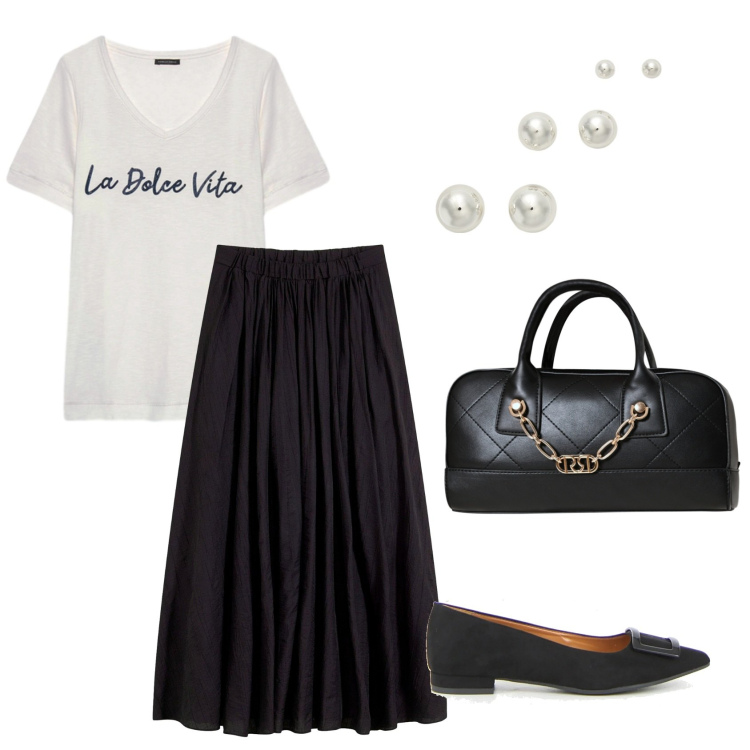 Outfit donna - Total look #2225451. Stile Casual chic per Ufficio. Abbinamento con gonne lunghe, borse a mano, orecchini, t-shirt, ballerine.