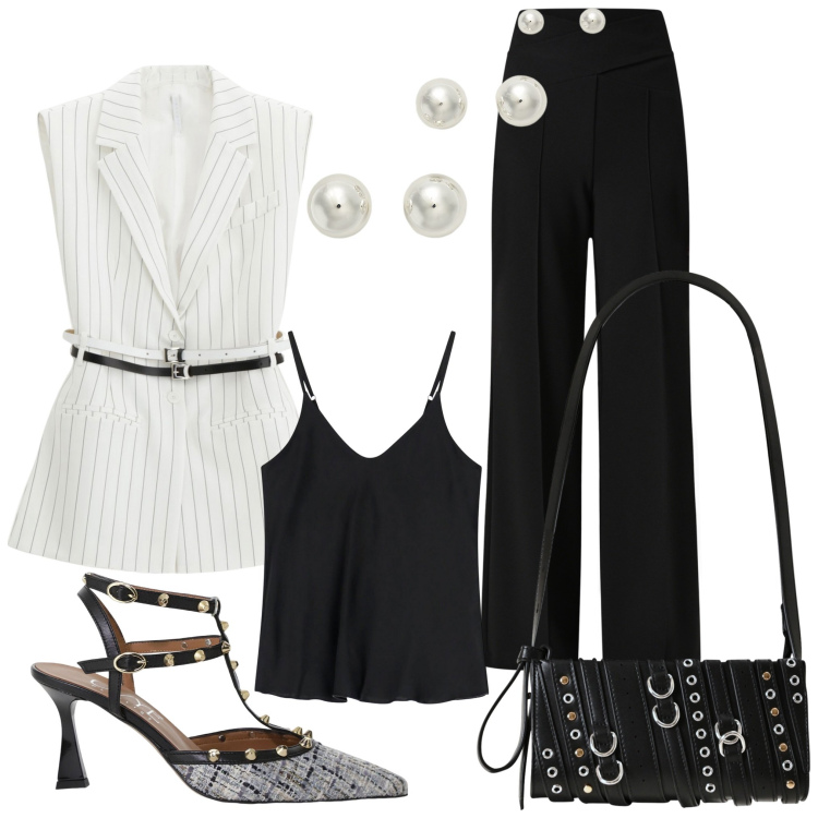 Outfit donna - Tailoring sotto il sole. Stile Chic per Serata fuori. Abbinamento con borse a spalla, pantaloni, gilet, top, décolleté, orecchini.