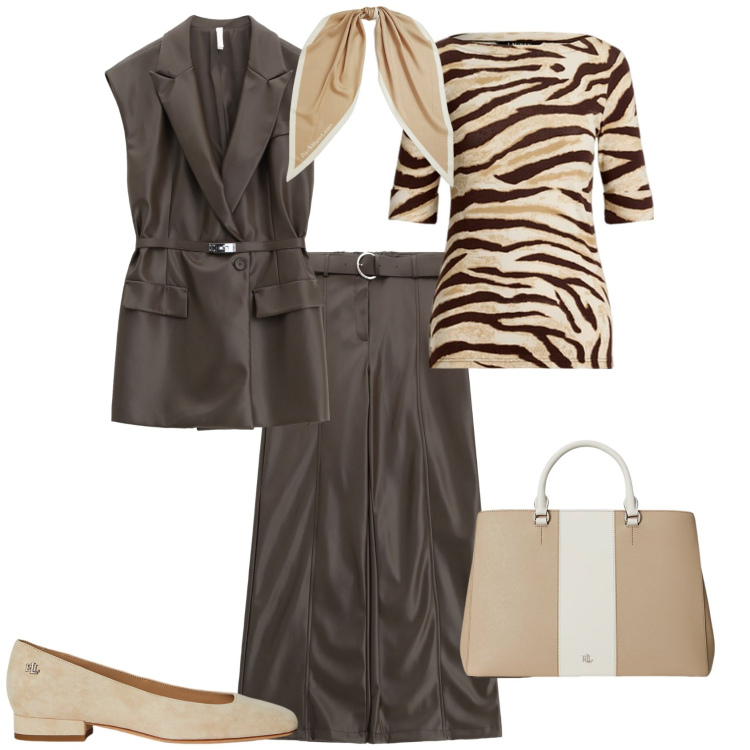 Outfit donna - Settembre. Stile Glamour per Tutti i giorni. Abbinamento con gilet, pantaloni, borse a mano, t-shirt, foulard, ballerine.