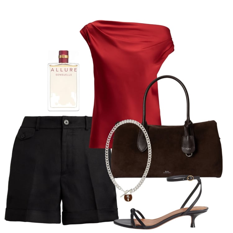 Outfit donna - Usciamo. Stile Chic per Serata fuori. Abbinamento con profumi, top, borse a mano, sandali in pelle, shorts, ciondoli.