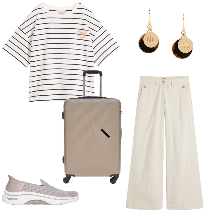 Outfit donna - Total look #2225455. Stile Casual per Tutti i giorni. Abbinamento con pantaloni, t-shirt, orecchini, sneakers, valigie.