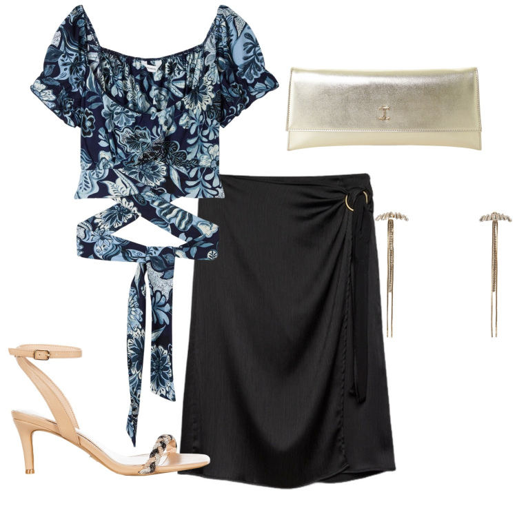 Outfit donna - Una cena in estate. Stile Casual chic per Tutti i giorni. Abbinamento con bluse, orecchini, sandali in pelle, pochette, gonne longuette.