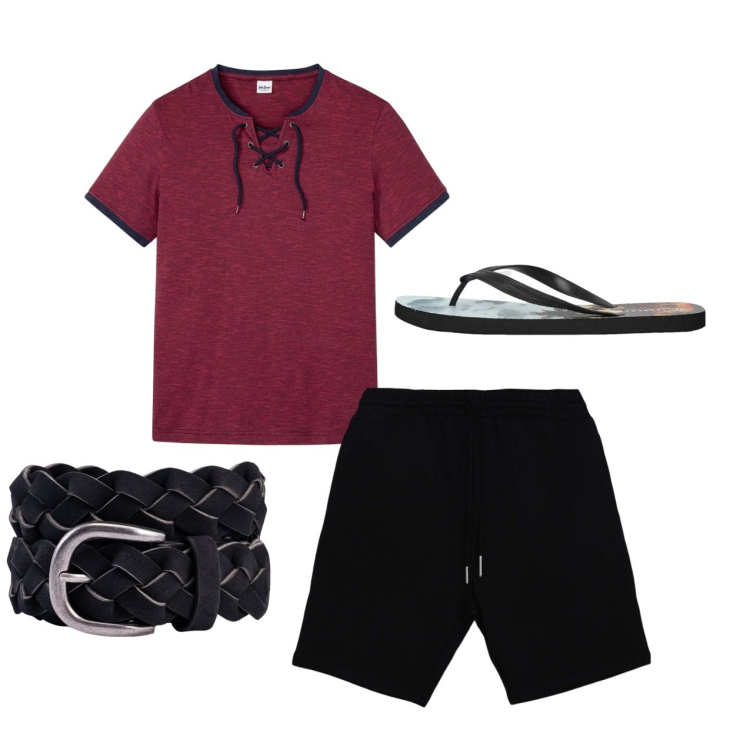 Outfit uomo - Pomeriggio. Stile Urban per Tutti i giorni. Abbinamento con t-shirt, sandali, pantaloni corti, cinture.