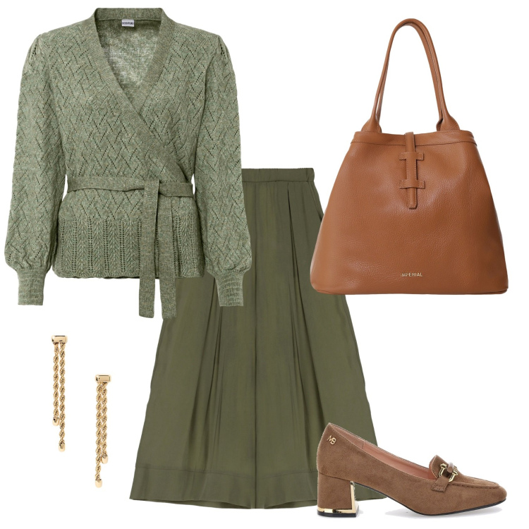 Outfit donna - Total look #2225460. Stile Chic per Serata fuori. Abbinamento con maglieria, pantaloni, borse tote, orecchini, mocassini.