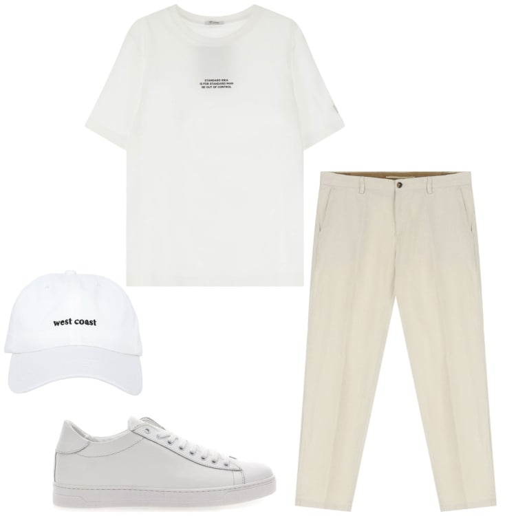 Outfit uomo - Total White. Stile Casual per Tutti i giorni. Abbinamento con cappelli, t-shirt, pantaloni chino, sneakers.