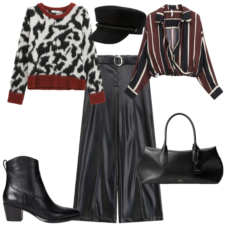 Outfit donna - Autunno. Stile Glamour per Tutti i giorni. Abbinamento con pullovers, camicie, pantaloni, cappelli, borse a mano, stivaletti.