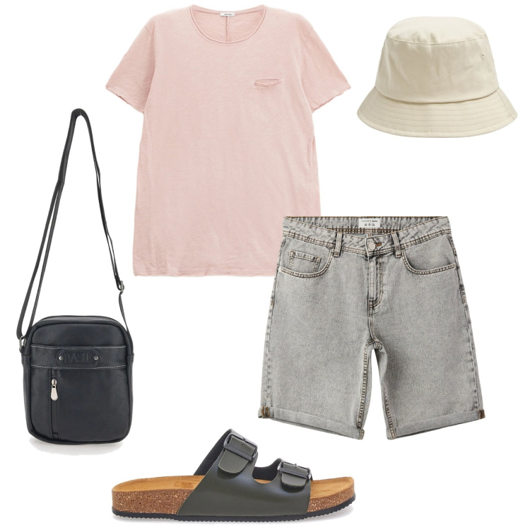 Outfit uomo - Il turista. Stile Casual per Tutti i giorni. Abbinamento con cappelli, bermuda, t-shirt, portafogli, sandali.