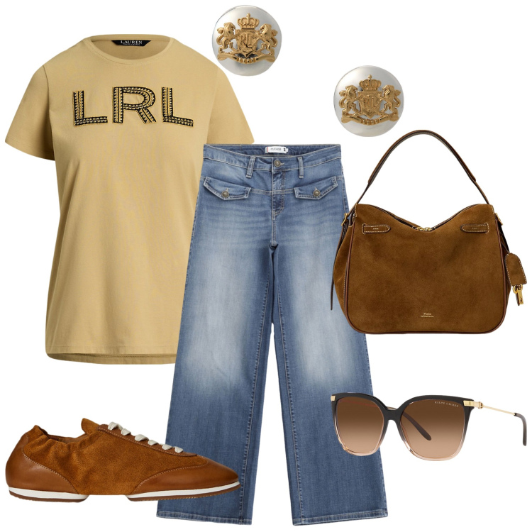 Outfit donna - Un po\' sportiva. Stile Casual per Tutti i giorni. Abbinamento con jeans, ballerine, occhiali da sole, orecchini, borse a mano, t-shirt.