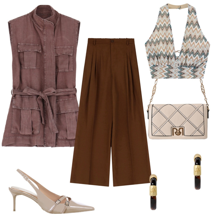 Outfit donna - Total look #2225474. Stile Glamour per Ufficio. Abbinamento con borse a tracolla, décolleté, pantaloni, gilet, top, orecchini.