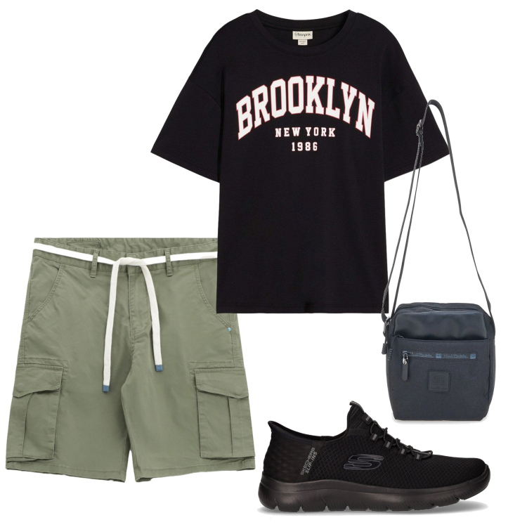 Outfit uomo - Un giro in centro. Stile Urban per Tutti i giorni. Abbinamento con t-shirt, bermuda, portafogli, sneakers.