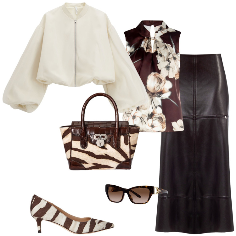 Outfit donna - Autunno. Stile Glamour per Tutti i giorni. Abbinamento con gonne longuette, top, bomber, décolleté, borse a mano, occhiali da sole.