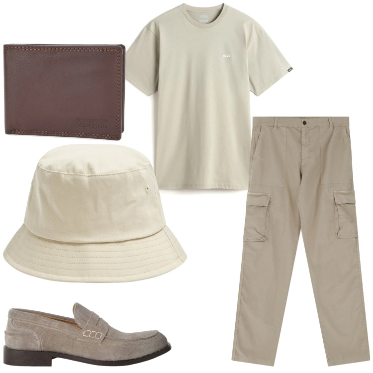 Outfit uomo - Total look #2225480. Stile Casual per Tutti i giorni. Abbinamento con cappelli, pantaloni cargo, scarpe stringate, portafogli, t-shirt.