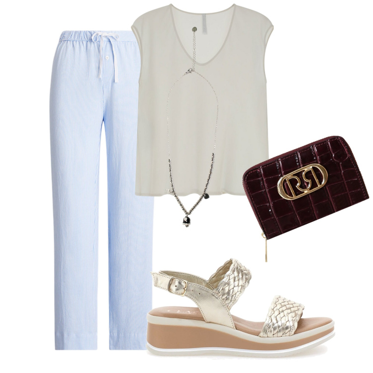Outfit donna - Molto Easy per un giorno a casa. Stile Minimal per Tutti i giorni. Abbinamento con portafogli, top, ciondoli, pantaloni, sandali.