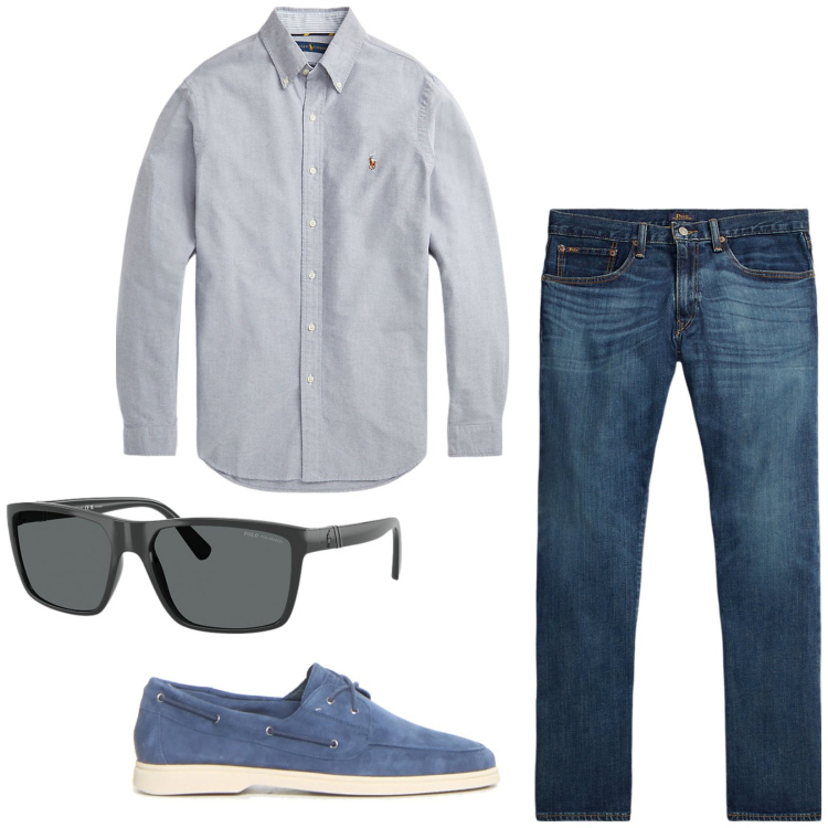 Outfit uomo - Jeans e camicia. Stile Casual per Tutti i giorni. Abbinamento con jeans dritti, occhiali da sole, camicie, scarpe stringate.