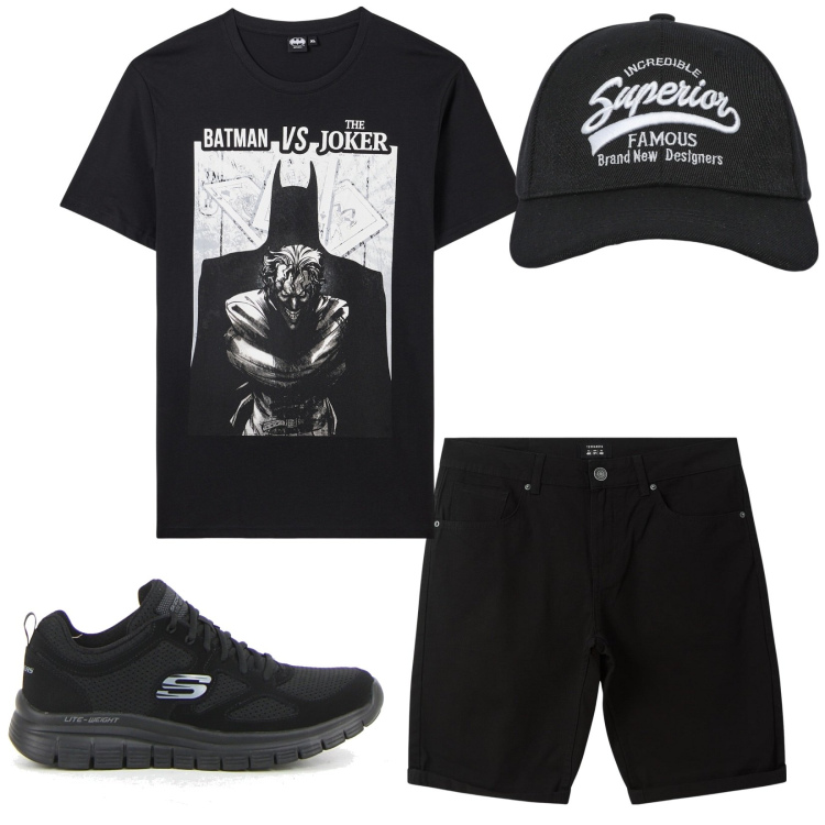 Outfit uomo - Total look #2225488. Stile Casual per Tutti i giorni. Abbinamento con cappelli con visiera, t-shirt, bermuda, sneakers.