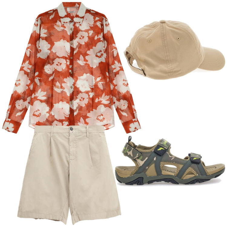Outfit uomo - Passeggiata pomeridiana. Stile Casual per Tutti i giorni. Abbinamento con camicie, bermuda, cappelli, sandali.