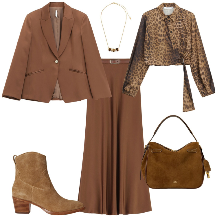 Outfit donna - Autunno. Stile Glamour per Tutti i giorni. Abbinamento con camicie, blazer, gonne lunghe, borse a mano, collane, stivaletti.